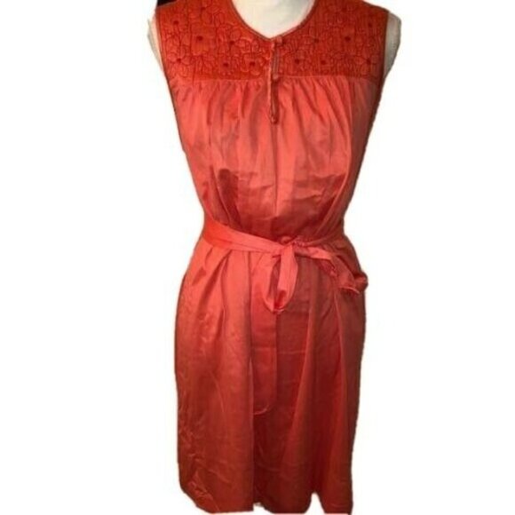 Short Nightgown Womens Vintage Nylon Matching Belt Buttons Embroidered Orange - Picture 8 of 9